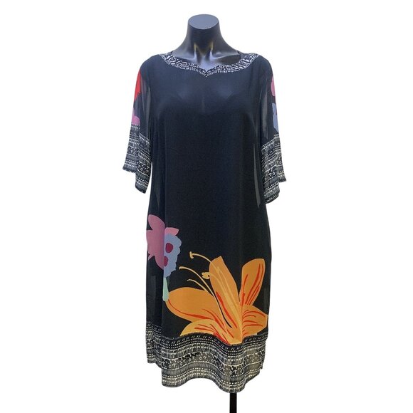 Soft Surroundings Navy & Multicolored Print Shift Dress w/Slip, Size Medium - Picture 1 of 7